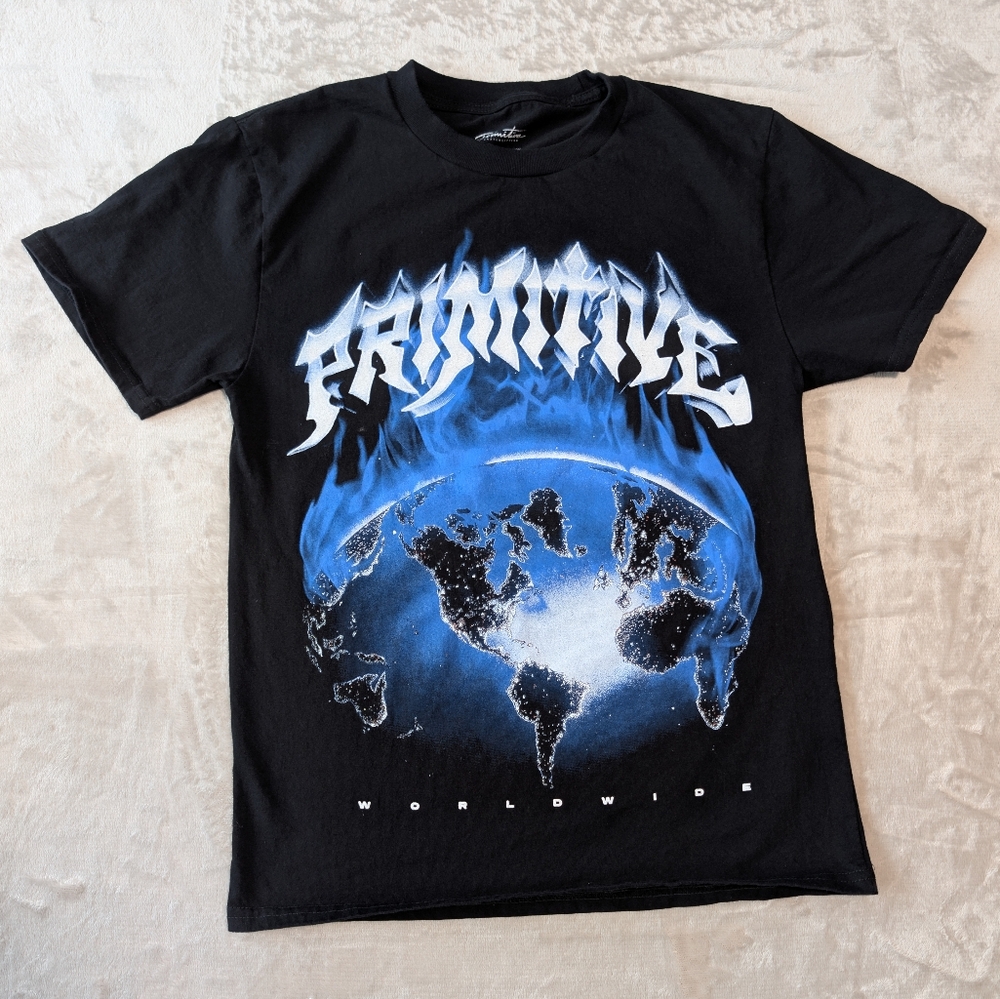 Primitive Worldwide Skateboard Black Blue Graphic Metal Punk Tee Alt Shirt Sz S